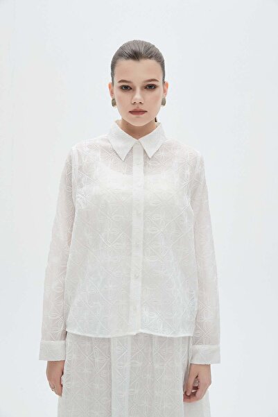 mica قميص نسائي مطرز بالزهور بأكمام طويلة وبطول الخصر