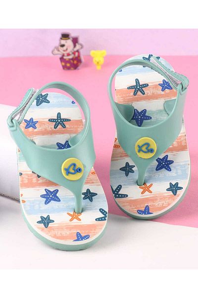Babyoye Velcro Closure Flip Flops with Heart Applique & Star Print - Mint Green & Sky Blue