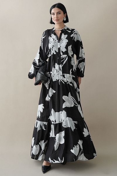 InStyle Large Orchid Pattern Black Viscose Dress