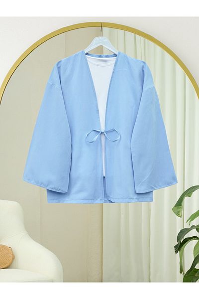 Modamorfo Kimono din poplin cu dantelă în față - Albastru bebeluș