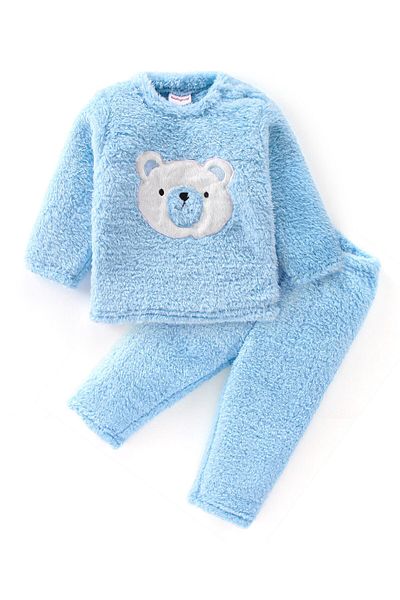 Babyhug طقم بيجامة وقميص شتوي بأكمام طويلة مع تطريز دب - أزرق