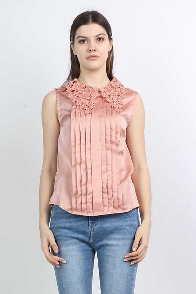 mica Women's Layered Satin Blouse with Flared Design and Lace Neckline