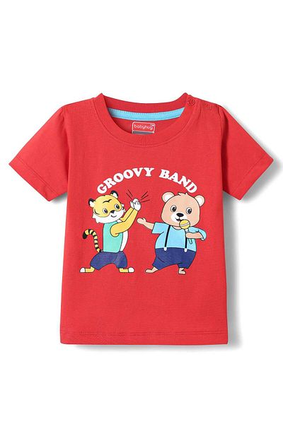Babyhug طقم تي شيرت جيرسي محبوك وشورت جينز بطبعة حيوانية - أحمر وأزرق