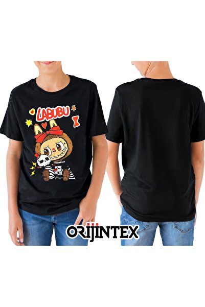 orijintex Labubu Printed Black Kids Tshirt