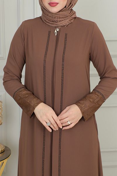 ISTANBUL STYLES Laser Stone Crepe Fabric Ferace with Stones on the Front and Laced Sleeves