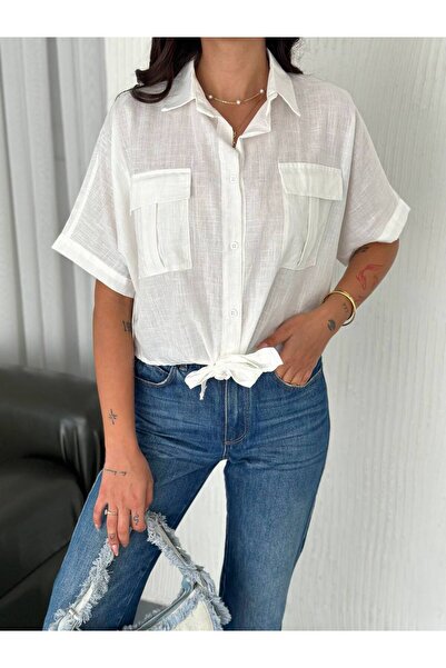 Noa Noa Cămașă de in cu mânecă scurtă cu detaliu de șireturi