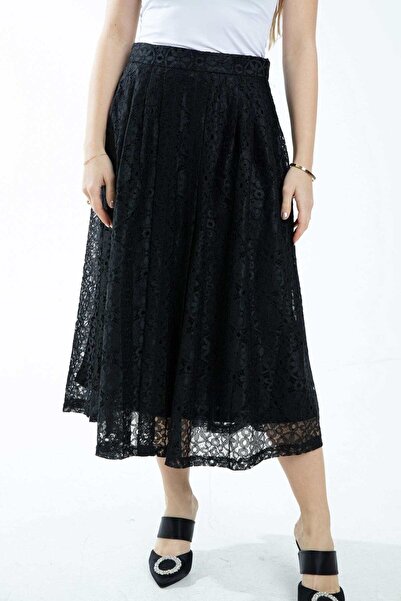 mica Women's Flared Midi Skirt with Lace Detailing