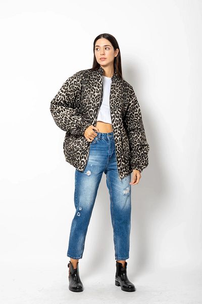 Bak Moda Jachetă matlasată maro cu fermoar cu model leopard