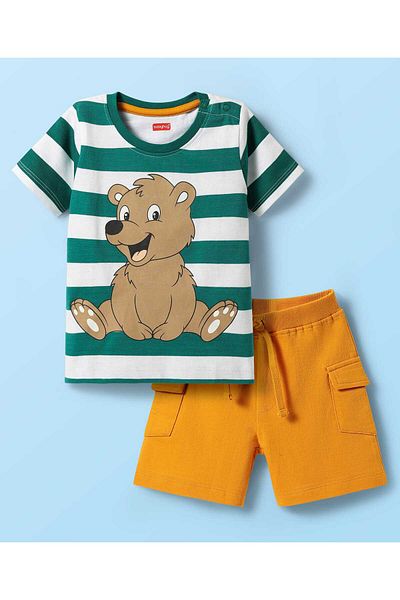 Babyhug طقم تي شيرت وشورت مخطط من قماش جيرسي محبوك مع طبعة دب تيدي - أخضر وبرتقالي