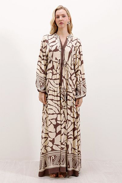 Merterium 2423 Authentic Patterned Hijab Dress - Brown