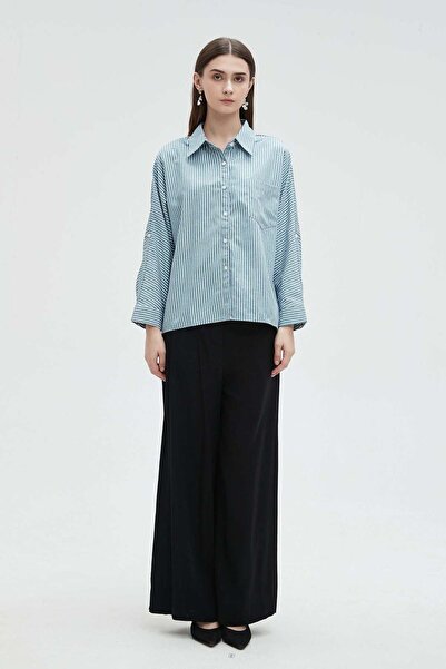 mica Women's Solid Blouse with Buttons and Long Sleeves