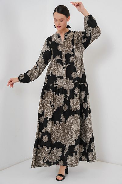 Merterium Women's Patterned Hijab Dress Black 1010