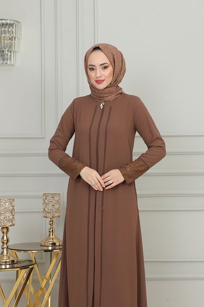 ISTANBUL STYLES Laser Stone Crepe Fabric Ferace with Stones on the Front and Laced Sleeves