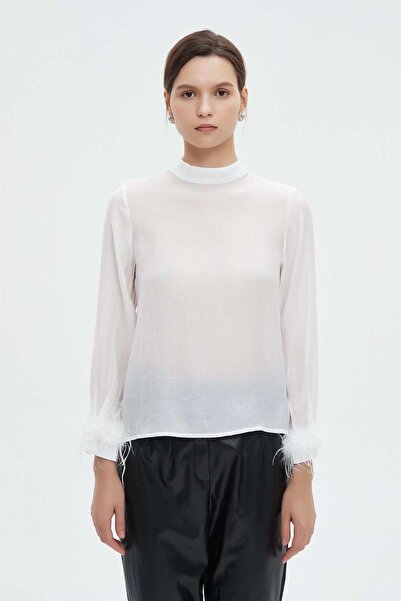 mica High Neck Long Sleeve Blouse with Fur Trim