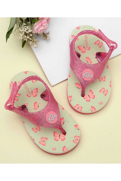 Babyoye Slip On Flip Flops with Back Strap Velcro Closure & Floral Print - Blue & Pink