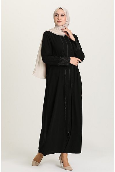 ISTANBUL STYLES Laser Stone Crepe Fabric Ferace with Stones on the Front and Laced Sleeves