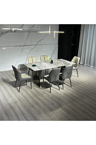 Home Box طقم طاولة طعام من التيتانيوم المطلي بالحجر، مكون من 6 مقاعد