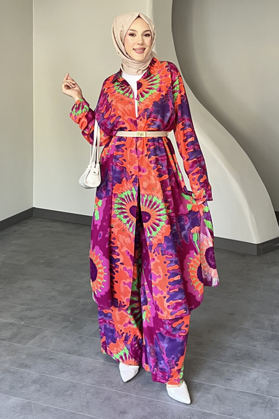 SaklıButik Colorful Patterned Long Shirt Suit