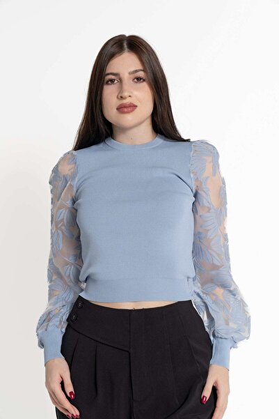 mica بلوزة نسائية شفافة مطرزة بأكمام طويلة