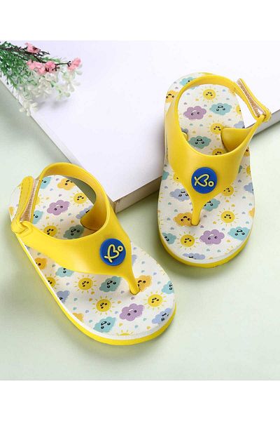 Babyoye Velcro Closure Flip Flops With Cloud Print -White & Yellow