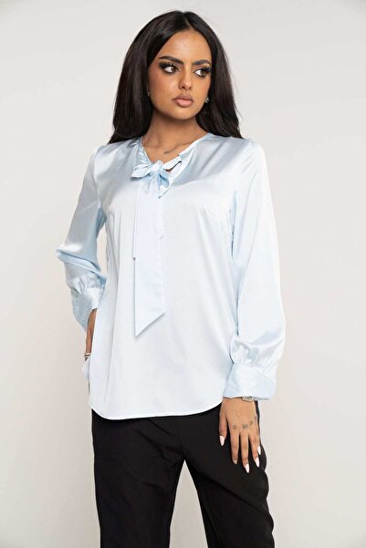 mica Women's Long Sleeve Solid Blouse with Long Tie Top