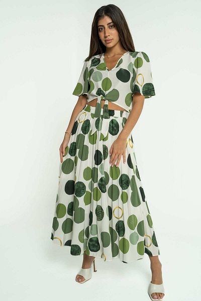 mica Pleated Midi Skirt with Circle Pattern