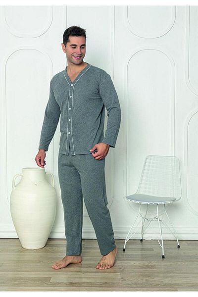 TOSKI Pijamale bărbătești cu nasturi, mânecă lungă, pantaloni lungi, gri