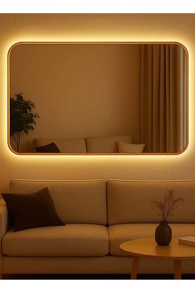 Taimi مرآة حائط 90×70 سم - تصميم أنيق مع 3 مستويات إضاءة وإطار ذهبي - للمكياج وغرفة الملابس