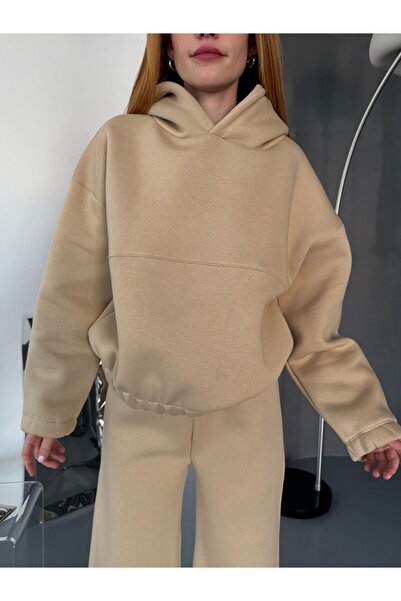 Cappmoda Tkm-0037 Mink Stitching Detailed Hooded Sweatshirt & Tracksuit Three Thread Raster Double Set