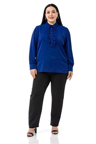 DISENTIS MODEST Plus Size Front Ruffle Detailed Shirt Collar Cuff Saks Blue Shirt