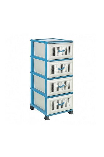 Murat Storage Cabinet with 4 Drawers, Rattan Pattern, White and Blue