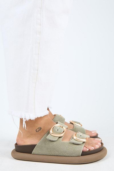 Manijero Narducci Women's Genuine Leather Double Buckle Water Green Slippers