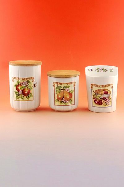 Bursa Porselen Dekor Pear Tree 3-Piece Wooden Vacuum Lid Porcelain Spice Rack & Spoon Holder
