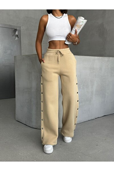 Cappmoda Eşf-09086 Mink Snap Fastener Three Drawstring Raised Waist Elastic Palazzo Tracksuit