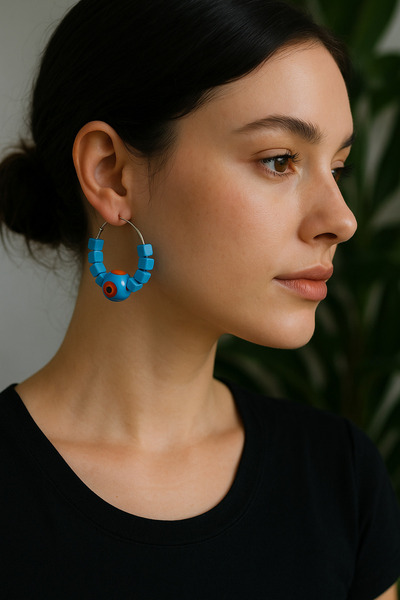 Atölye Myth Blueeye Hoop Steel Blue Beaded Handmade Hoop Earrings
