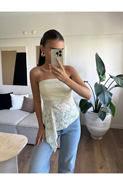 Özgece STRAPLEZ DANTELLİ ASİMETRİK BLUZ