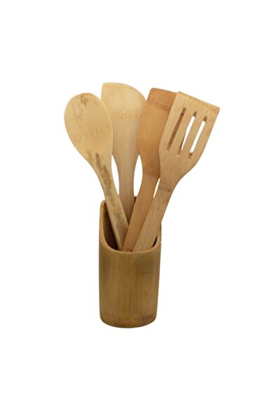 OEM Set ustensile bucatarie, 4 piese si suport rotund, din bambus