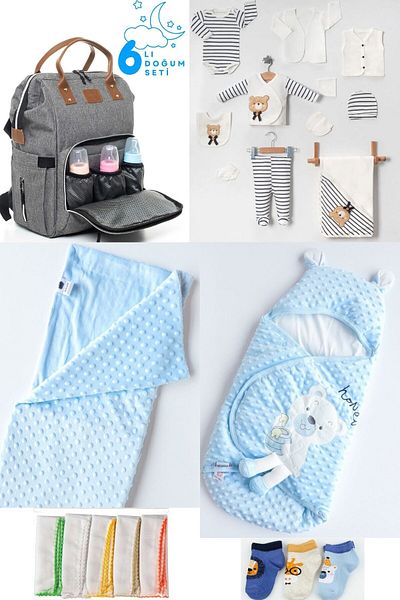 Pimadyo Set of 6 (Baby Care Backpack and Shoulder Bag, 10-Piece Hospital Release, Swaddle, Blanket, 3 Socks, 10 Wipes)