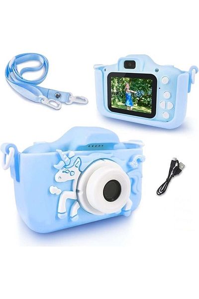 FOXMAG24 Digital camera for children, unicorn model, USB cable, with games and various photo frames, blue
