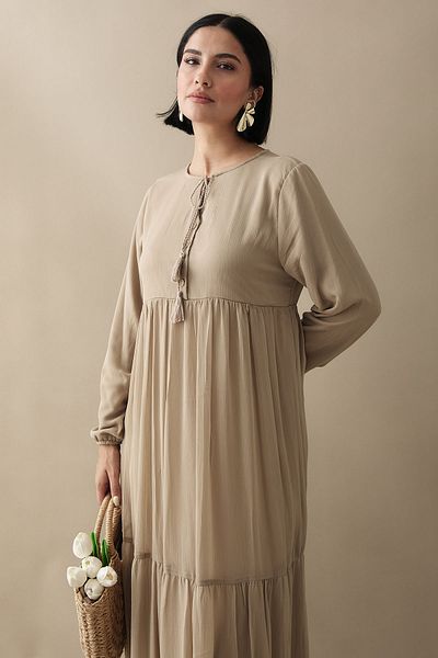 InStyle Φόρεμα σιφόν Yoryo Milk Coffee με κορδόνια στο γιακά