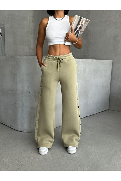 Cappmoda Eşf-09086 Khaki Snap Fastener Three Drawstring Raised Waist Elastic Palazzo Tracksuit