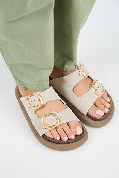 Manijero Narducci Women's Genuine Leather Double Buckle Beige Slippers