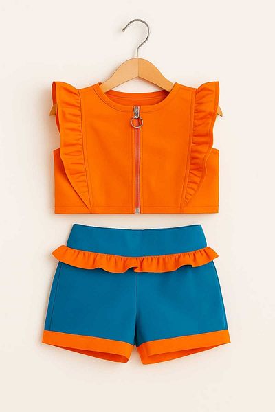 My Kids Wear Girl's Zipper and Ruffle Detailed Bottom Top Set 9-12 Years 11925