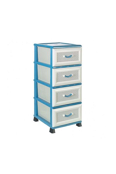 Murat Storage Cabinet with 4 Drawers, Rattan Pattern, White and Blue