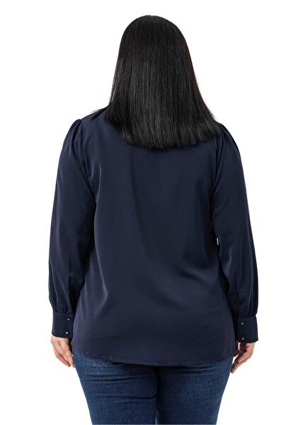 DISENTIS MODEST Plus Size Navy Blue Shirt with Ruffle Detail on the Front and Shirt Collar Cuff