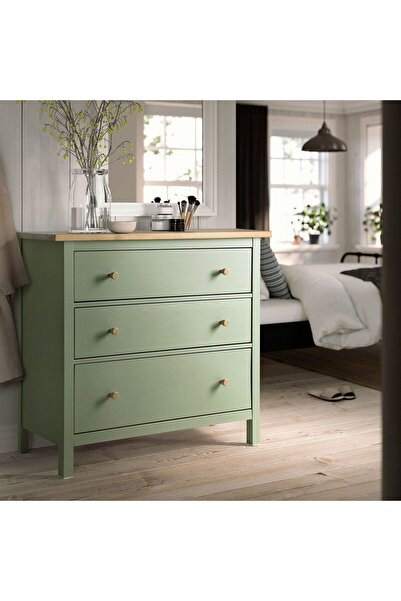 IKEA 3 çekmeceli şifonyer, gri-yeşil-açık kahverengi, 108x96 cm