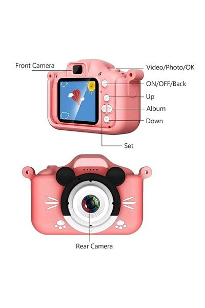 FOXMAG24 Cameră foto pentru copii, cu carcasă de protecție din silicon roz, cameră selfie, cu jocuri încorporate
