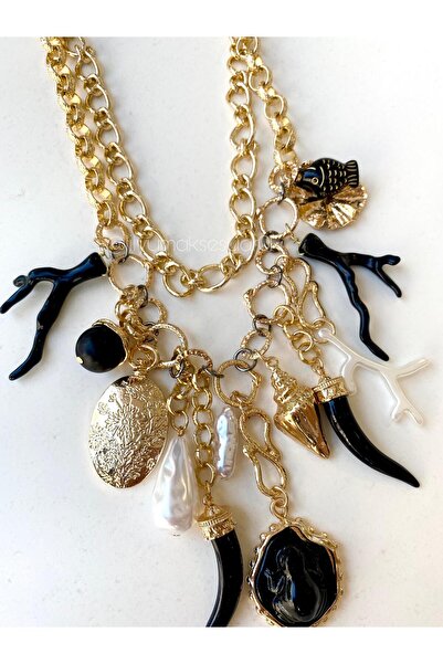Lilyum Aksesuar Brand Model Sea Shell Coral Pearl Medallion Plate Black Charm...