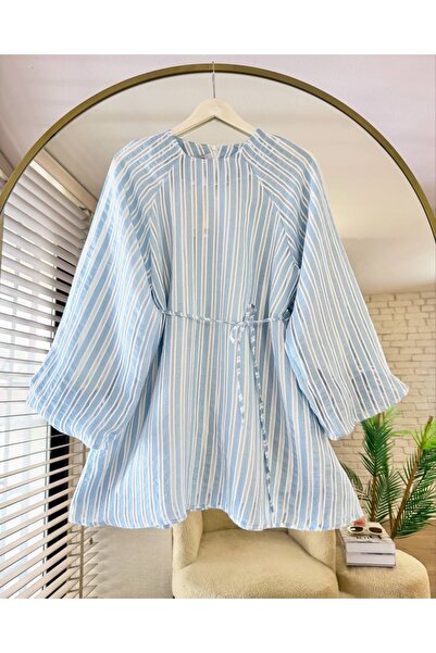 Bahar Altundemir Kadın Oversize Modal Kumaş Balon Kol Çizgili Mavi Tunik Göml...