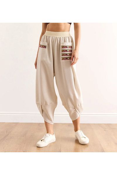 Rosidam Elastic Waist Pockets Embroidery Detailed Linen Shalwar Trousers